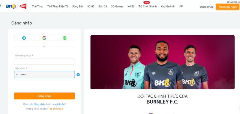 Điền thông tin đăng  nhập BK8